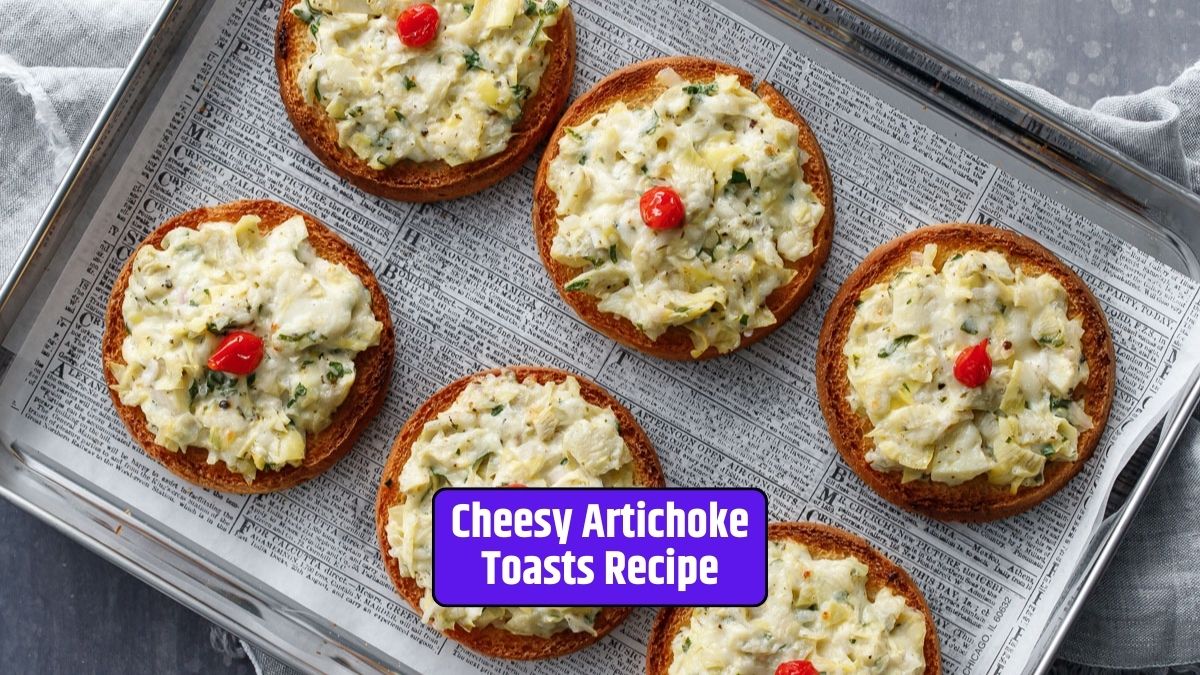 Cheesy Artichoke Toasts Recipe, Appetizer, Cream Cheese, Parmesan, Artichoke Hearts, Garlic, Fresh Herbs, Baguette Slices, Easy Recipe,
