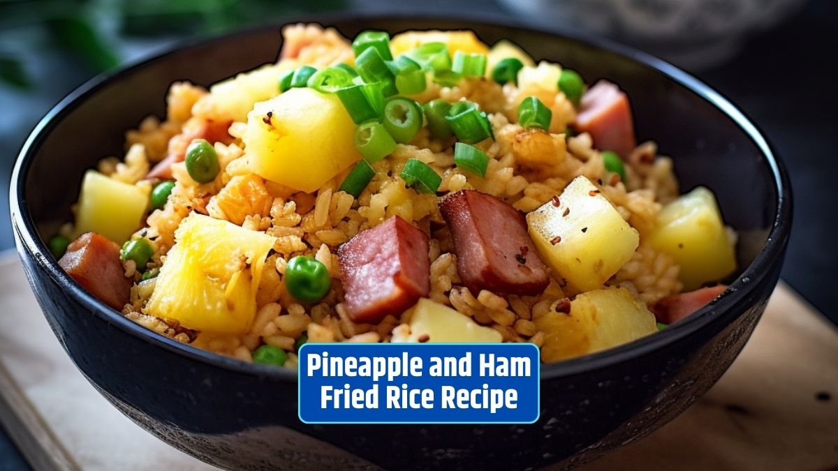 Pineapple and Ham Fried Rice Recipe, Fried Rice, Sweet and Savory, Pineapple, Ham, Soy Sauce, Vegetables, Easy Recipe,