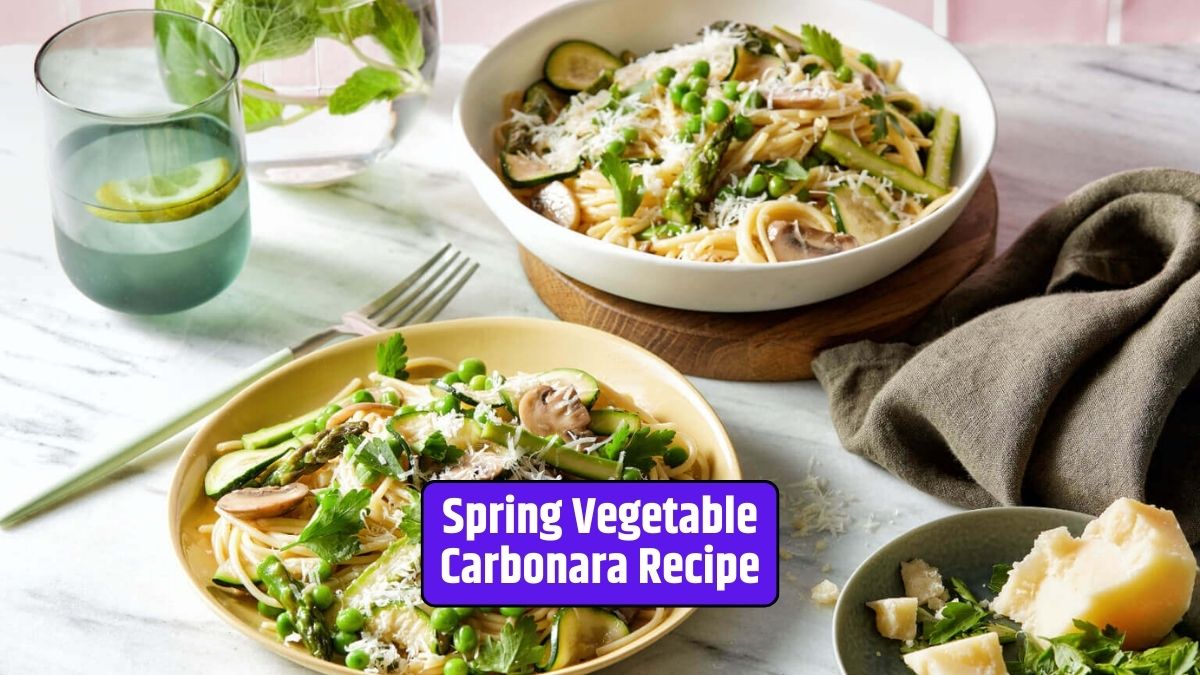 Spring Vegetable Carbonara, Pasta Recipe, Spring Flavors, Fresh Produce, Culinary Journey, Seasonal Cuisine,